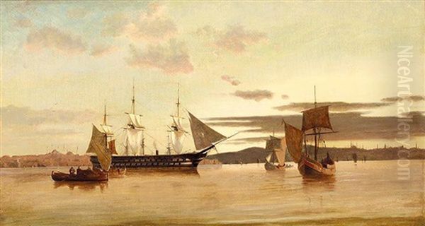 Boats On The Coast Of Constantinople Oil Painting by Daniel Hermann Anton Melbye