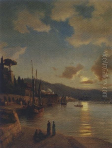 An Oriental Harbour By Moonlight Oil Painting by Daniel Hermann Anton Melbye