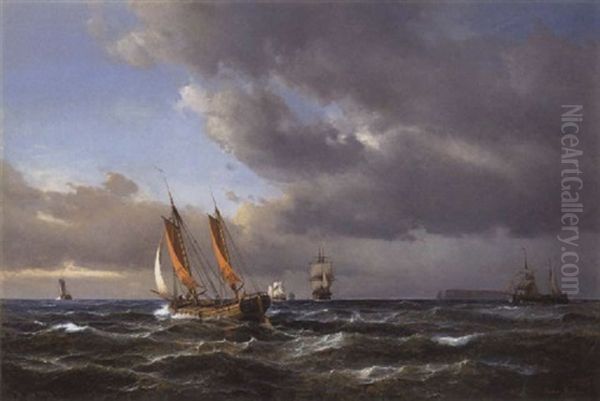 Marine Med Sejlskibe Og Fiskerbade Pa Havet Ud For En O Oil Painting by Daniel Hermann Anton Melbye