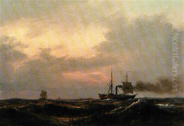 Dampskib Og Sejlskibe Pa Havet, Solnedgang Oil Painting by Daniel Hermann Anton Melbye