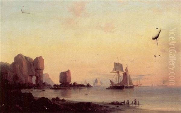 Sejlskibe Ud For Klippekyst, Aftenstemning Oil Painting by Daniel Hermann Anton Melbye