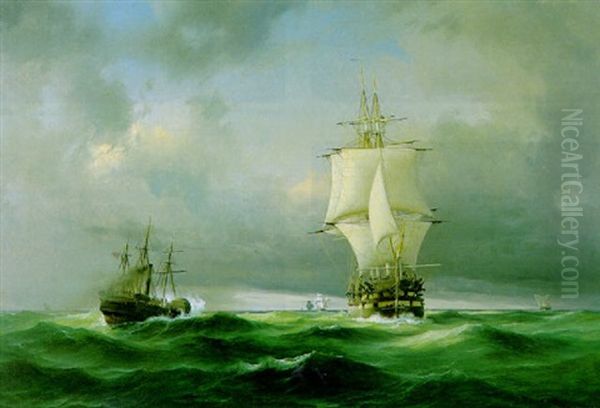 Ein Englischer Dampfegler Durchbricht Die Franzosische Blockade Oil Painting by Daniel Hermann Anton Melbye