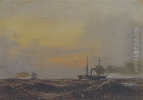 Skibe Pa Havet, Solnedgang Oil Painting by Daniel Hermann Anton Melbye