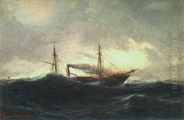 A Sail-assisted Steamship In High Seas Oil Painting by Daniel Hermann Anton Melbye