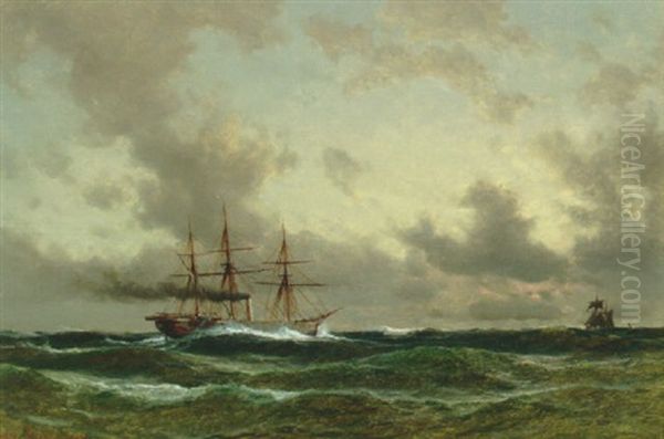 Skibe Pa Havet Oil Painting by Daniel Hermann Anton Melbye