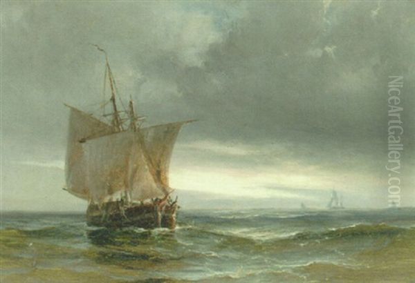 Marine Med Sejlskibe Oil Painting by Daniel Hermann Anton Melbye