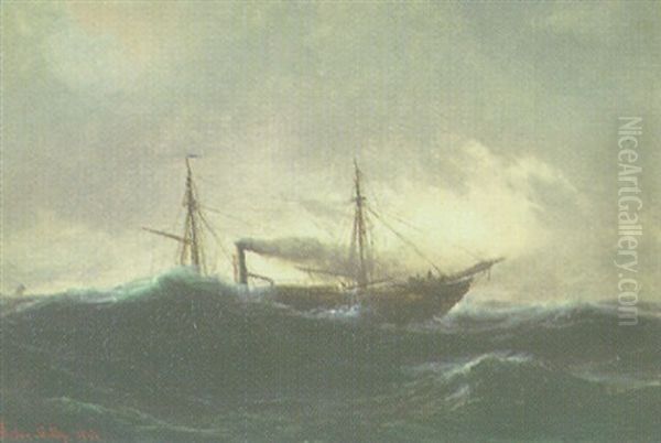 A Sail-assisted Steamship In High Seas Oil Painting by Daniel Hermann Anton Melbye