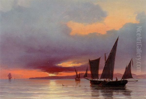 Fiskerbade Ud For Kysten, Solnedgang Oil Painting by Daniel Hermann Anton Melbye