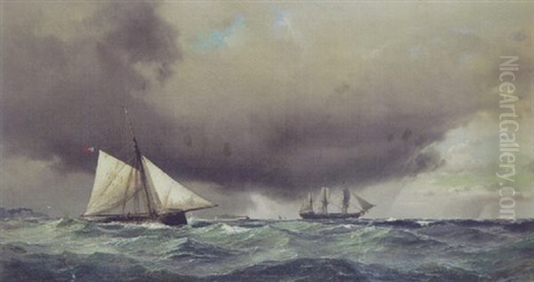 Marine Med Sejlskibe Pa Havet Oil Painting by Daniel Hermann Anton Melbye