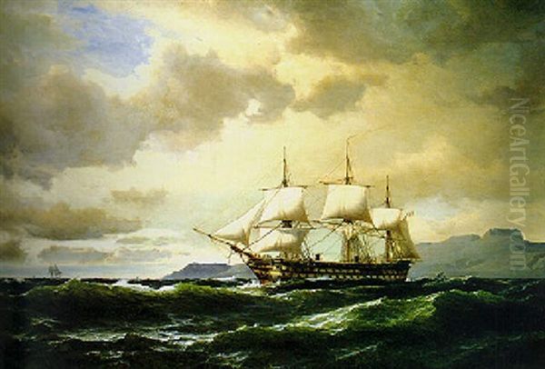 A Screw-powered Three-decker Of The French Navy, Under Sail And Steam Off The Mediterranean Coast Oil Painting by Daniel Hermann Anton Melbye