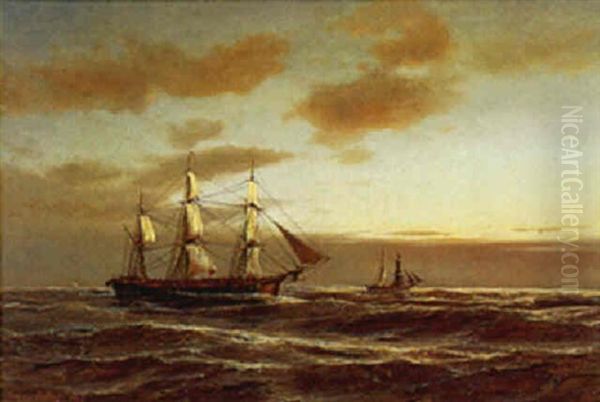 Marine Med Sejlskibe Oil Painting by Daniel Hermann Anton Melbye