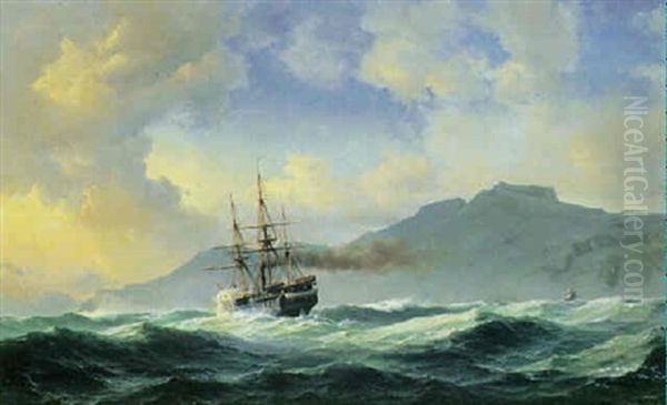 Skibe Ud For Klippekyst Oil Painting by Daniel Hermann Anton Melbye