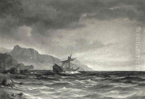 Marine Med Skibsvrag Udfor Klippekyst Oil Painting by Daniel Hermann Anton Melbye