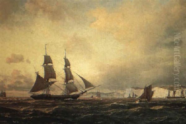 Danish Brig And Other Shipping Off Dover At Sunset Oil Painting by Daniel Hermann Anton Melbye