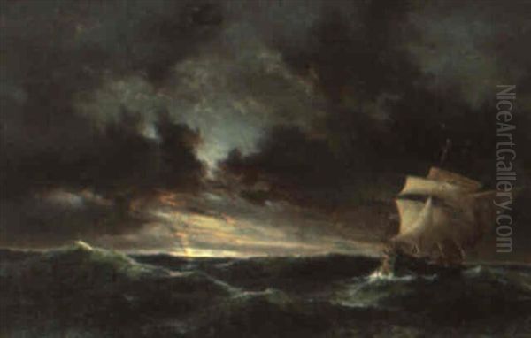 Marine Med Sejlskibe I Opr+rt Vand, Ved Aftentide Oil Painting by Daniel Hermann Anton Melbye