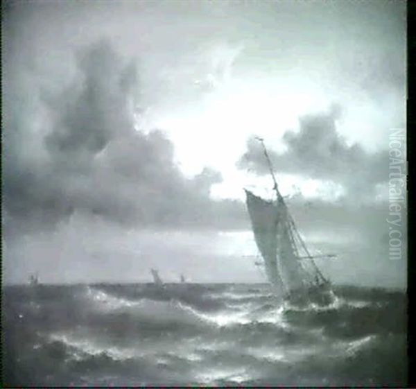 Marine Med Fiskerbade, Aften Oil Painting by Daniel Hermann Anton Melbye