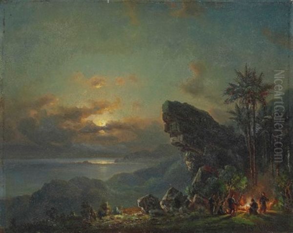 Sunset On The Venezuelan Coast With A Hunting Party Around A Fire Oil Painting by Fritz Siegfried George Melbye