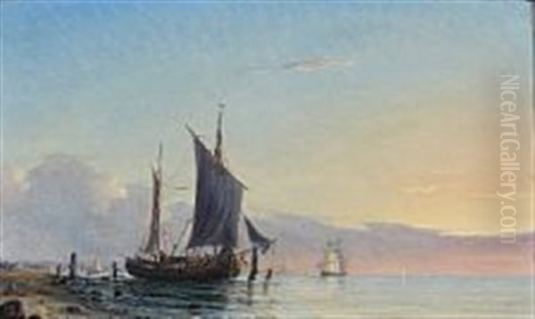 A Sunny Coastal Scene With A Ship At Quay Oil Painting by Fritz Siegfried George Melbye