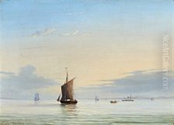 Seascape With Sailing Ships In Early Morning Oil Painting by Fritz Siegfried George Melbye