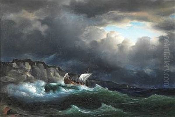 Seascape With Ships In The Rough Sea Off The Coast Oil Painting by Fritz Siegfried George Melbye