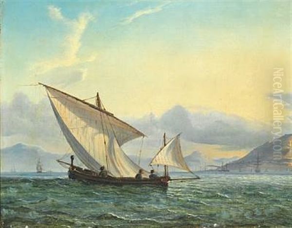 Seascape With A Fishing Boat In The Foreground And Numerous Ships Under Sail And At Anchor Off A Mountainous Coastline Oil Painting by Fritz Siegfried George Melbye