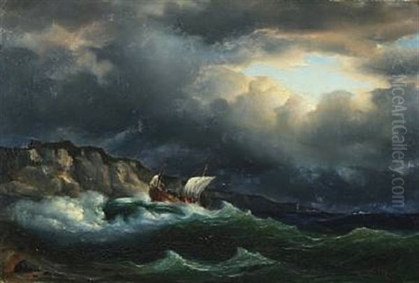 Coastal Scenery With A Sailboat In Stormy Sea Oil Painting by Fritz Siegfried George Melbye