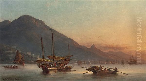 Junks, Sampans And Western Shipping Lying Off Hong Kong At Dusk Oil Painting by Fritz Siegfried George Melbye