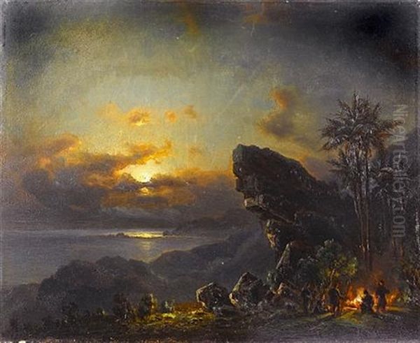 Figures Round A Fire By Moonlight Oil Painting by Fritz Siegfried George Melbye