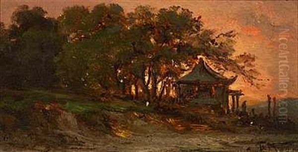 Huse Og Traeer I Solnedgangen (fra Shanghai?) Oil Painting by Fritz Siegfried George Melbye