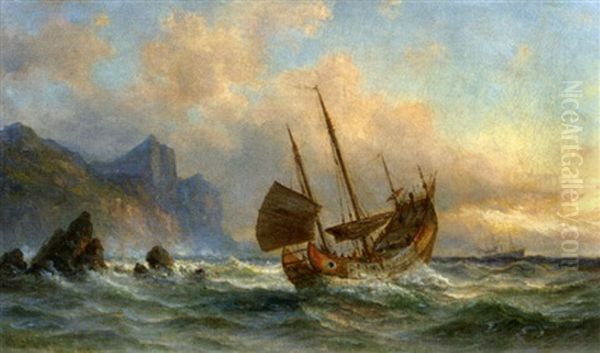 The Chinese Junk "peking" Off A Coast In Chinese Waters Oil Painting by Fritz Siegfried George Melbye