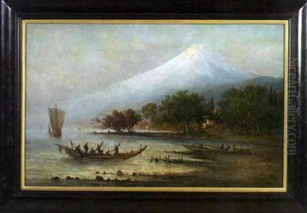 View Of Mount Fuji With Fishing Craft In The Foreground Oil Painting by Fritz Siegfried George Melbye