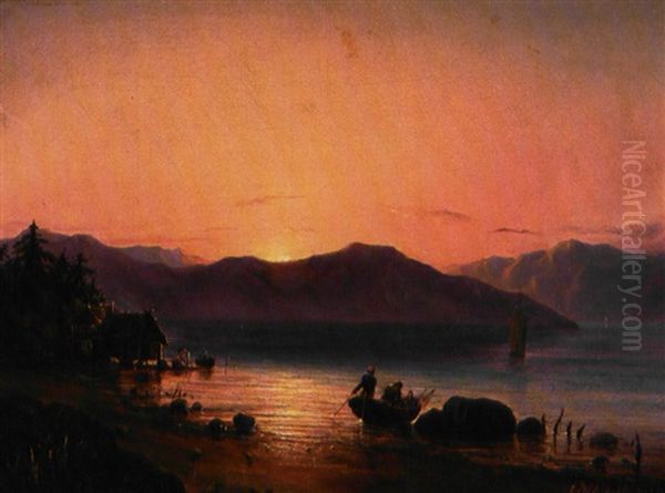 Solnedgang Over Havet, I Forgrunden Hytter Pa Paele Oil Painting by Fritz Siegfried George Melbye