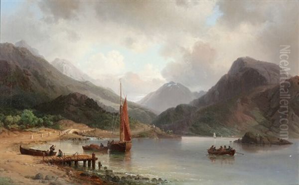 From The Scottish Highlands With Boats On The Lake Oil Painting by Vilhelm Melbye