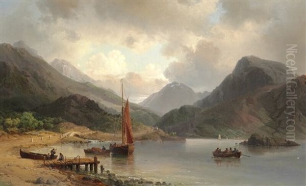 From The Scottish Highlands With Boats On The Lake Oil Painting by Vilhelm Melbye