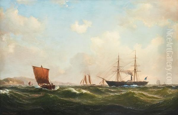 Ships Outside The Coast Oil Painting by Vilhelm Melbye