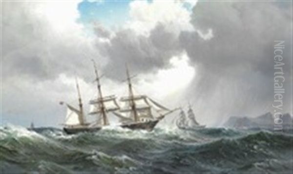 Sailing Ships In High Sea Off A Rocky Coast Oil Painting by Vilhelm Melbye