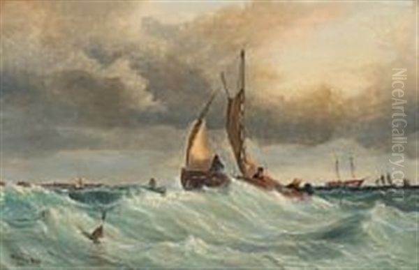 A Marine With Fishermen In A Boat And Several Other Ships Oil Painting by Vilhelm Melbye