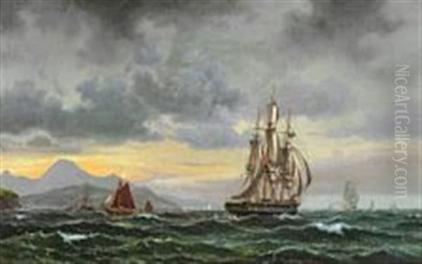 Seascape With Numerous Sailing Ships Near A Rocky Coast Oil Painting by Vilhelm Melbye