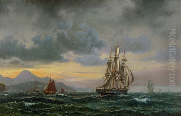 Englischer Dreimaster Auf Rauer See Vor Felsiger  Kuste (gibraltar?) Oil Painting by Vilhelm Melbye