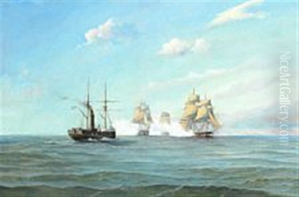 Three Frigates Saluting A Steamship Oil Painting by Vilhelm Melbye