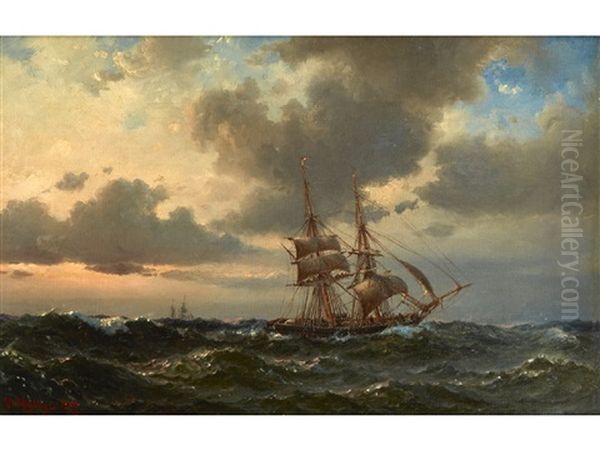 A Brig Under Shortened Sail At Dusk Oil Painting by Vilhelm Melbye