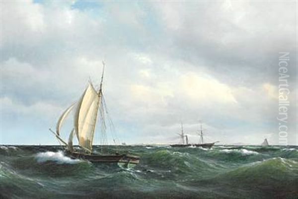 Stormfuld Eftermiddag I Skagerak. En Dansk Jagt Og Forskjellige Skibe Passere Skagen Oil Painting by Vilhelm Melbye