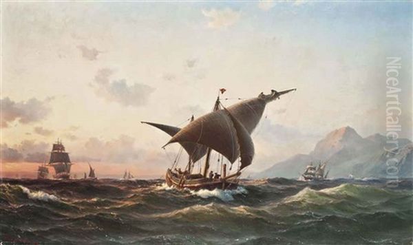 A Spanish Xebec And Other Commercial Craft In The Mediterranean Off Gibraltar At Sunset Oil Painting by Vilhelm Melbye