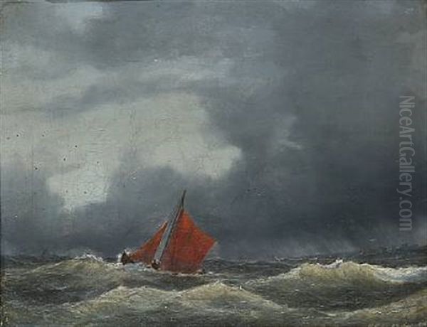 Seascape With A Sailboat In Rough Seas Oil Painting by Vilhelm Melbye