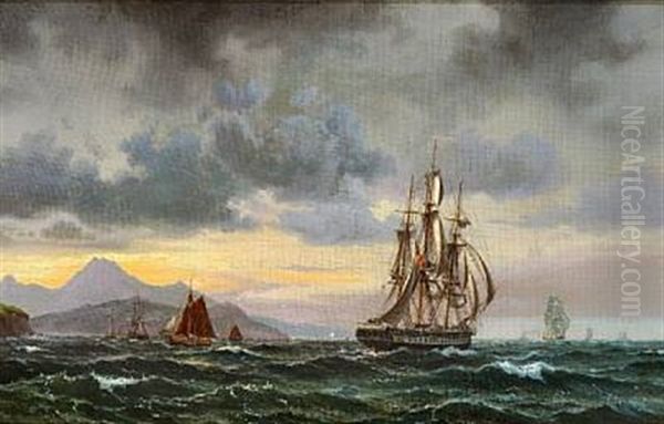 Seascape With Numerous Sailing Ships Near A Rocky Coast Oil Painting by Vilhelm Melbye