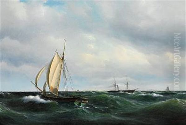 Sailing Boats And Steamer Off The Coast Of Skagen Oil Painting by Vilhelm Melbye