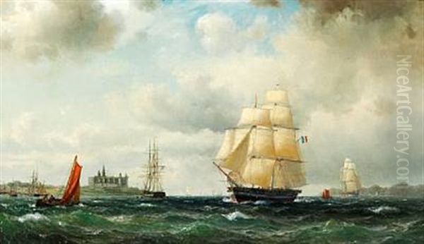 Seascape With A French Frigate And Numerous Sailing Ships Off Kronborg Castle Oil Painting by Vilhelm Melbye