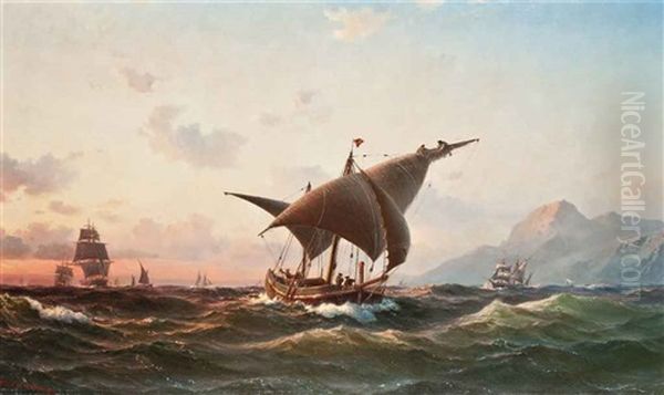 A Spanish Xebec And Other Commercial Craft In The Mediterranean Off Gibraltar At Sunset Oil Painting by Vilhelm Melbye