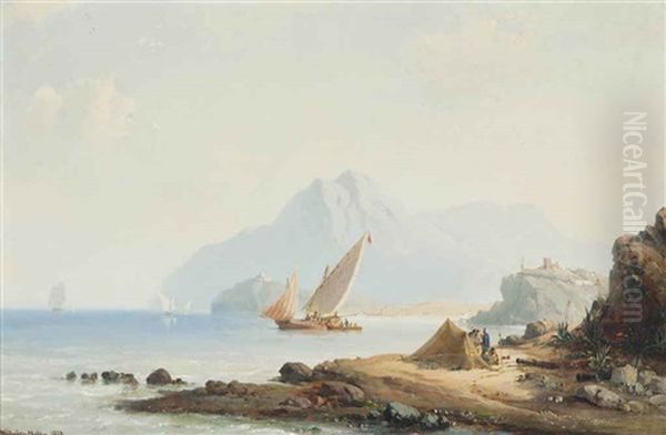 Xebecs And Other Coastal Craft In The Mediterranean Off Tangiers, Morocco by Vilhelm Melbye