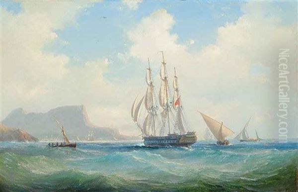 A Royal Navy Warship Running Into Gibraltar At Dusk, With Xebecs And Other Shipping Off Her Starboard Quarter Oil Painting by Vilhelm Melbye